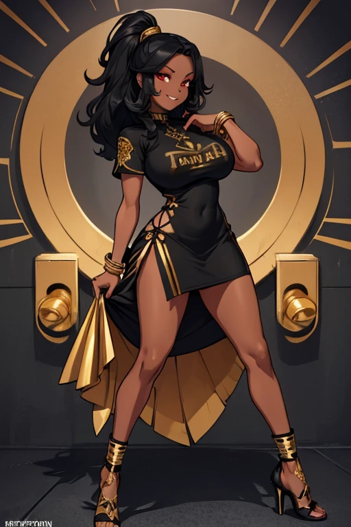 female, black long hair, red eyes, dark skin, (((1girl))), (((black and gold short sleeve minidress))), (gold bracelets), (gold heels), cute and sexy, full body, large breasts, long legs, smiling