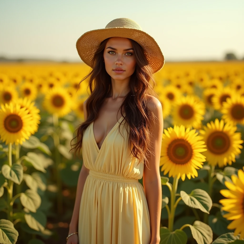 (photorealism:1.2), (full body shot:1.9) Beautiful, stunning, gorgeous, stunning woman, brown hair, green eyes, slender legs, soft features, muse, goddess, realistic skin, extremely detailed full body shot of a strikingly stunning woman, long stylish summer dress, stylish straw sun hat, sunflower field