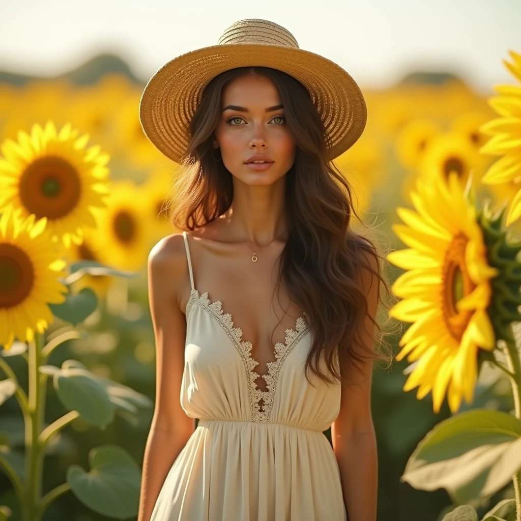 (photorealism:1.2), (full body shot:1.9) Beautiful, stunning, gorgeous, stunning woman, brown hair, green eyes, slender legs, soft features, muse, goddess, realistic skin, extremely detailed full body shot of a strikingly stunning woman, long stylish summer dress, stylish straw sun hat, sunflower field