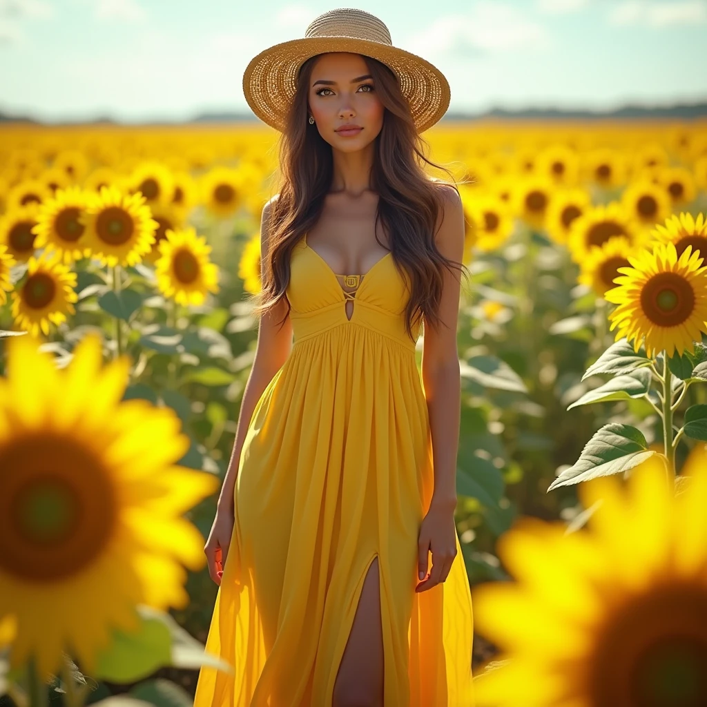 (photorealism:1.2), (full body shot:1.9) Beautiful, stunning, gorgeous, stunning woman, brown hair, green eyes, slender legs, soft features, muse, goddess, realistic skin, extremely detailed full body shot of a strikingly stunning woman, long stylish summer dress, stylish straw sun hat, sunflower field