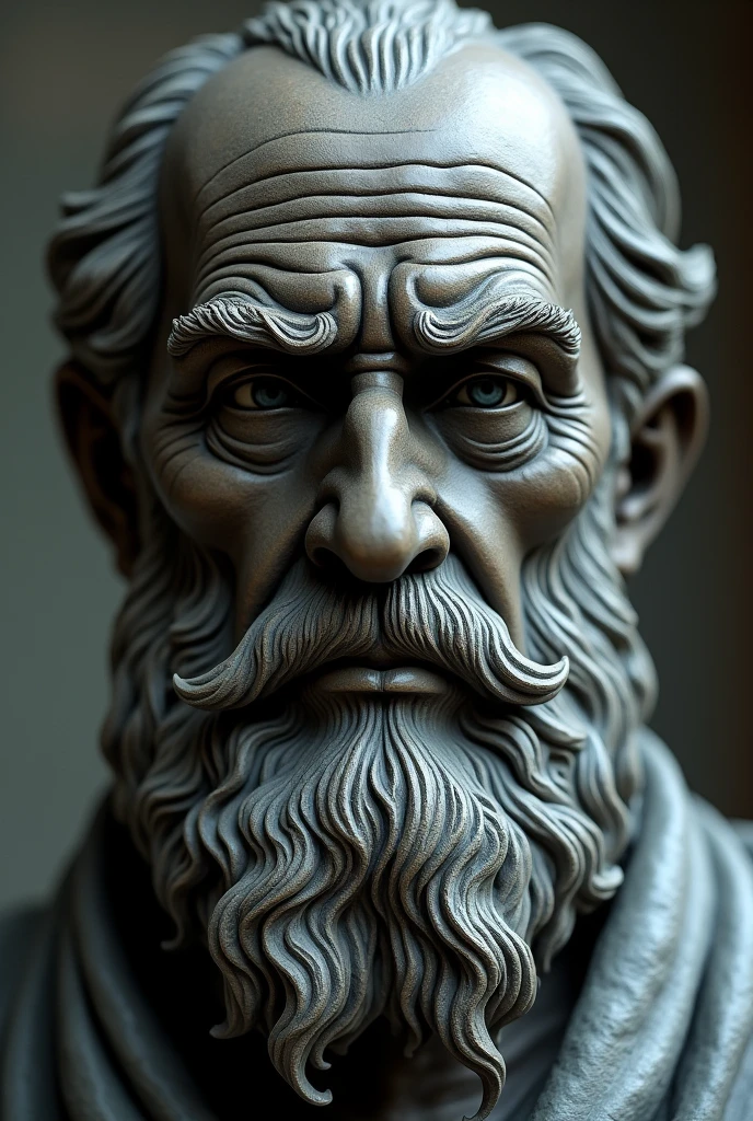 A statue of stoic philosopher with a beard face up close