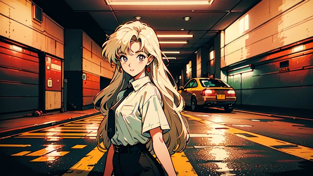 Create a digital illustration in the style of 90s anime art. The character should resemble a young woman with long blonde hair, yellow eyes, and red horns, wearing a white shirt and black tie. She should be standing in a neon-lit city street at night, with vibrant signs and glowing lights reflecting off the wet pavement. The background should capture the essence of a bustling urban environment, with a mix of modern and retro elements, all rendered in the distinct, detailed, and slightly grainy style typical of 90s anime.