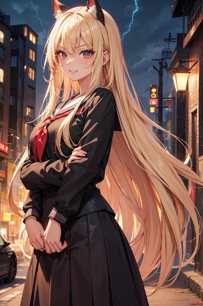 anime girl portrait, 1girl, black school uniform, long blonde hair, tanned, long skirt, fierce expression, smiling, makeup, full lips, red neckerchief, detailed face, intricate details, natural lightning, graffiti, city background