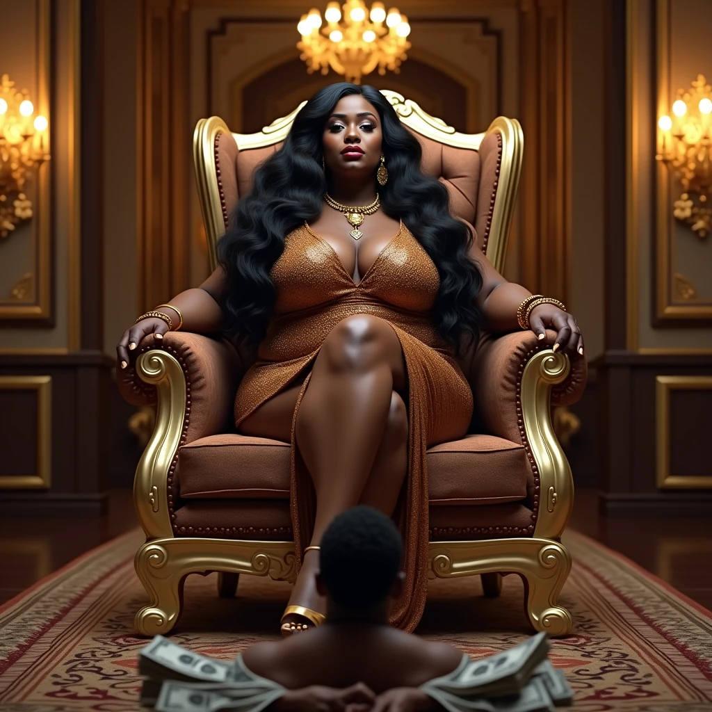 (photorealism:1.2), photorealist  plus-size, curvaceous BBW woman in her mid-30s with a dark-skinned, melanin-rich complexion and long beautiful hairsits with commanding presence in a luxurious, high-end resort in Jamaica. She exudes power, wealth, and authority, embodying a matriarch findom goddess persona. Dressed in a luxurious designer outfit—a form-fitting, elegant dress paired with high heels and adorned with gold jewelry—she radiates confidence and control. At her feet, two white men kneel in worship, their expressions showing admiration and submission, each holding large lump sums of cash as offerings to her. The resort setting is opulent, with a backdrop of tropical elegance, featuring lush greenery, a sparkling infinity pool, and plush seating, highlighting the atmosphere of wealth and dominance.