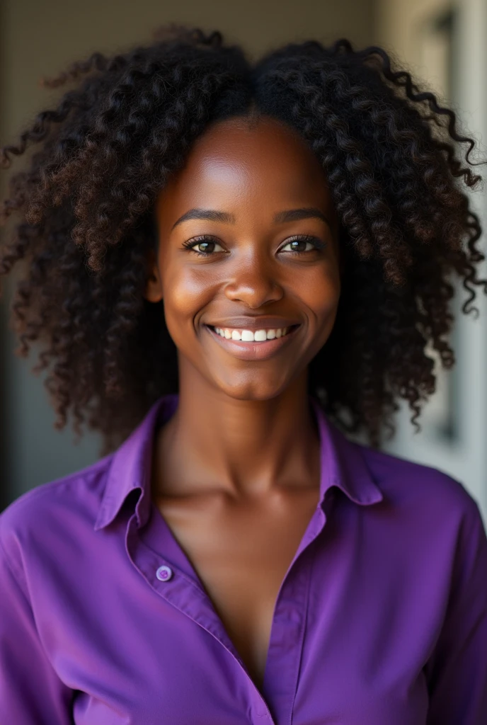 Now the same very real young woman age 19 years with braided curly hair big and wide forehead with purple blouse dark brown skin full body image