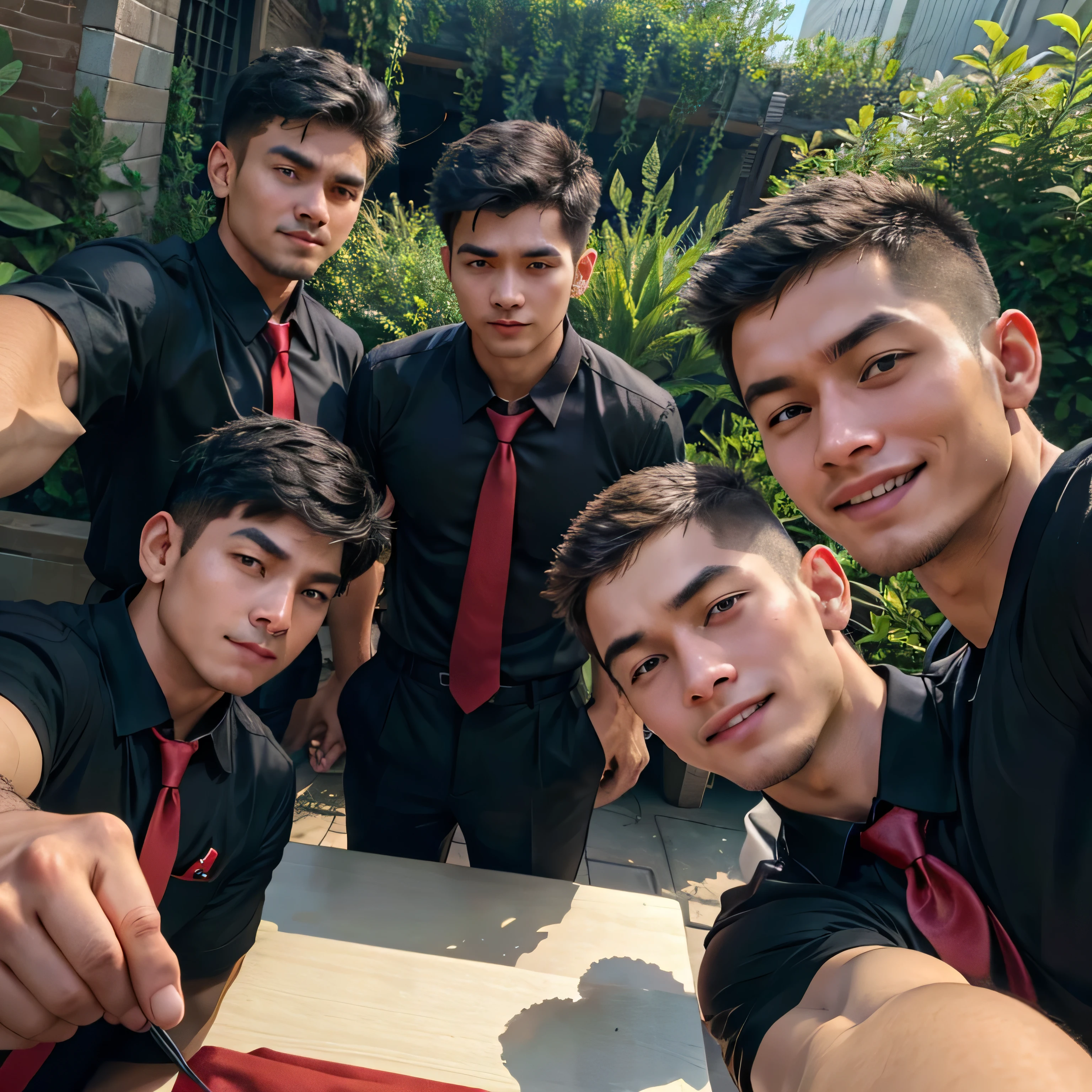 3,Five Men,、Handsome。Black Shirt、Red tie、、Dhaka - Fighters、Lookout、garden。logic, ,Very short hair、 ,Asian Face,、 Handsome Smile Seen from below Everyone looks into the camera