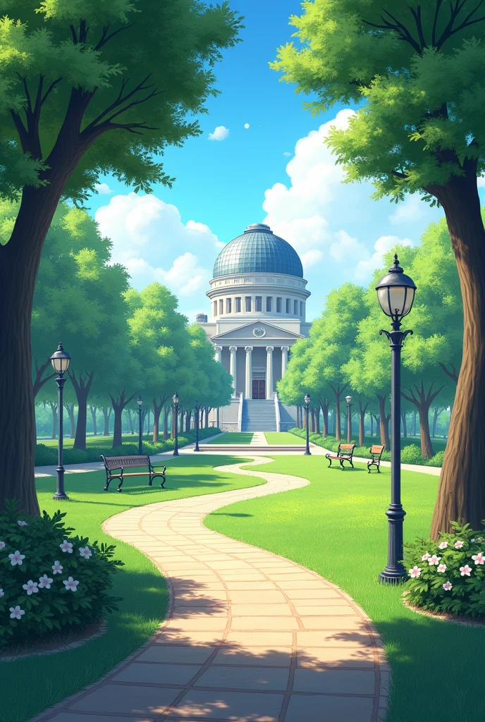 a simple outdoor park, with an astronomical observatory in the background