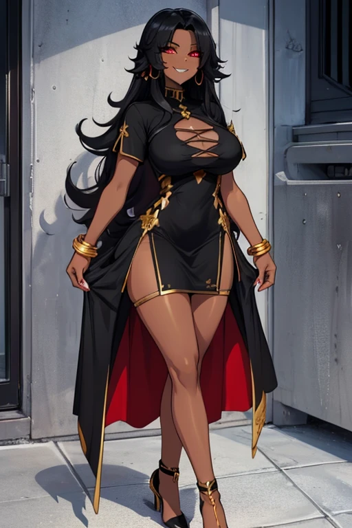 female, black long hair, red eyes, dark skin, (((1girl))), (((black and gold short sleeve minidress))), (gold bracelets), (gold heels), cute and sexy, full body, large breasts, long legs, smiling