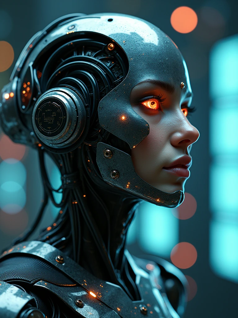 bella mujer cyborgoth con cables electronicos, metallic face reflecting the glow of a nearby holographic interface, imagem ultra calidad