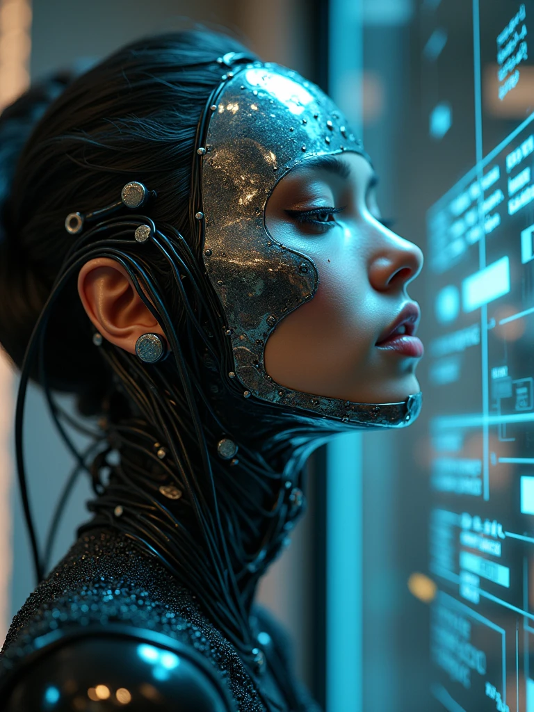 bella mujer cyborgoth con cables electronicos, metallic face reflecting the glow of a nearby holographic interface, imagem ultra calidad