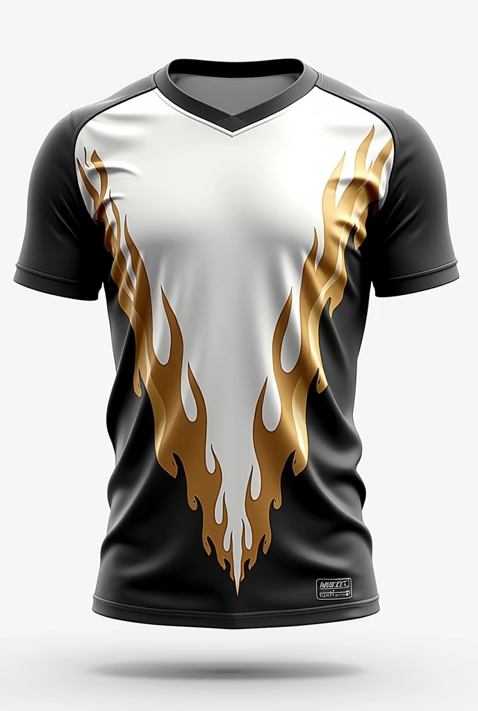 Keep the base colour as white and give it black and gold flames highlights aesthetic or minimalist. But keep it mind that it is a jersey print. Show both front and back of the jersey