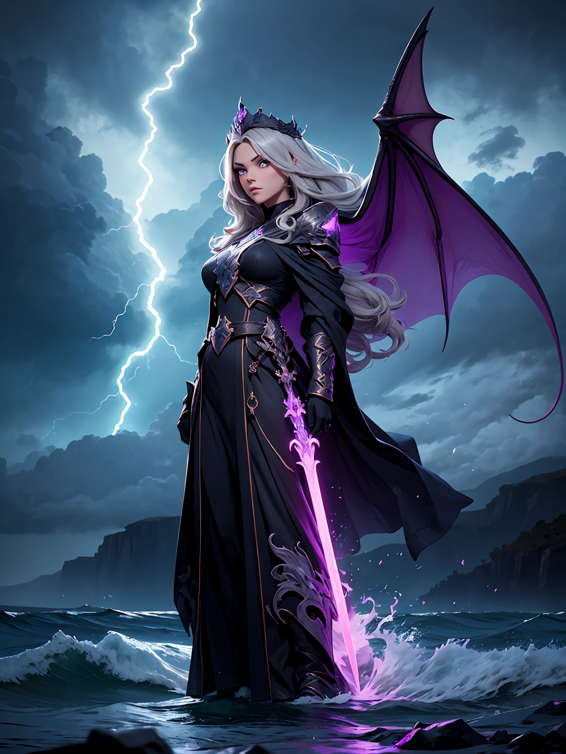 ((masterpiece, best quality, 8k))), mysterious female mage, (full-body), violet dragon silk robes, arcane glow, long wavy violet hair, braided crown, silver streaks, deep amethyst eyes, calm but intimidating expression, standing at the edge of a cliff overlooking a stormy sea, dragons rising from the waves, dark storm clouds illuminated by lightning, (ominous lighting, vibrant highlights)