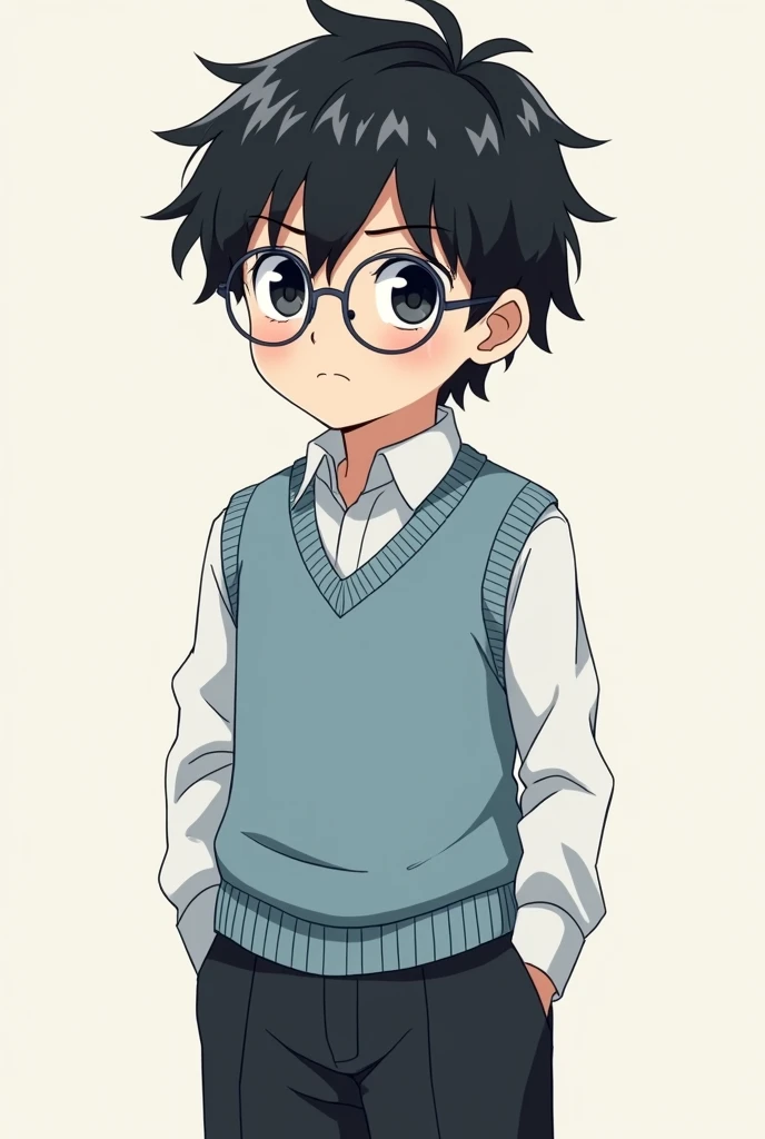anime boy, serious, black curly bangs, black eyes, round glasses, white shirt and light blue wool vest, black wide-leg trousers