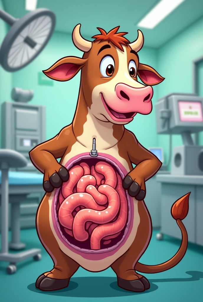 Abdomen surgery and opening intestine in a full brown Jersey cow cartoon