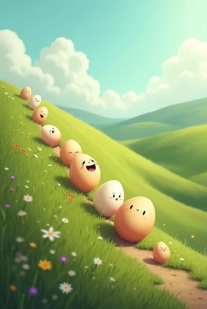 Eggs rolling down a hill