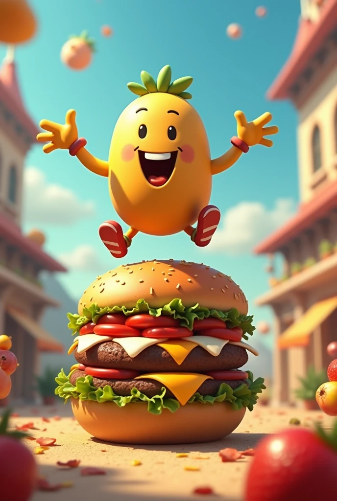 A Potato Man jumping on a hamburger saying come for snacks