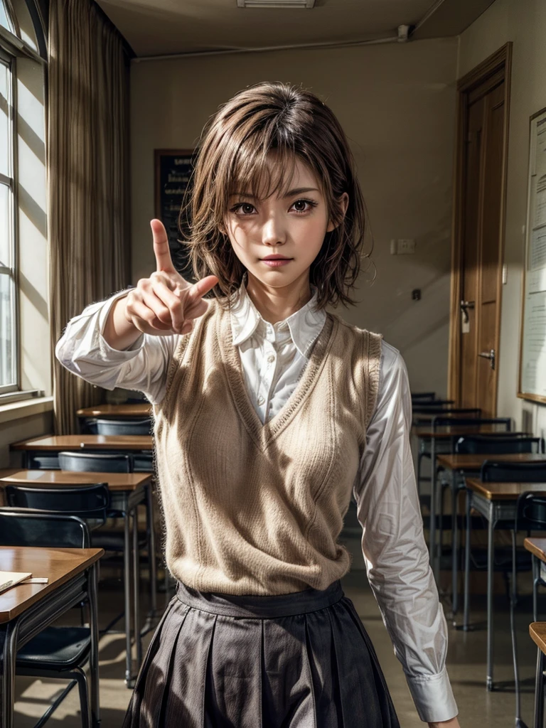 Masterpiece, Top Quality, Top Mikoto, brown eyes, short hair, small breasts, looking at viewer, alone, closed mouth, collared shirt, beige knit vest, dark blue Skirt, school_uniform, shirt, white_shirt, classroom,Masterpiece, highest quality, 8K, detailed skin texture, fine cloth texture, beautiful detailed face, intricate details, super detailed,cute,cute posing,composition that shows the whole body, brown hair, short bob,Pointing a finger like a gun, aiming straight ahead, gun hand sign