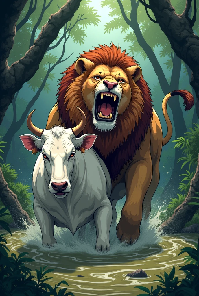 The lion and the cow are both trapped in the swamp. There is a terrifying jungle all around them. The cow is white in color. Both are in trouble.create a anime of that.
