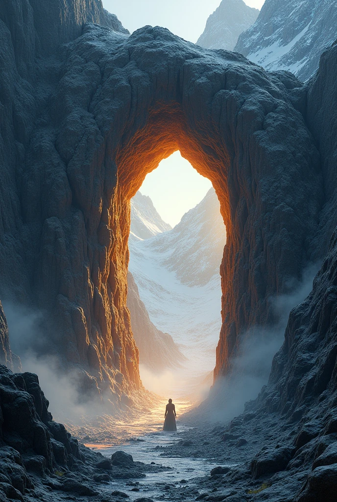 Entrance to a tunnel in the mountains, light comes from the tunnel