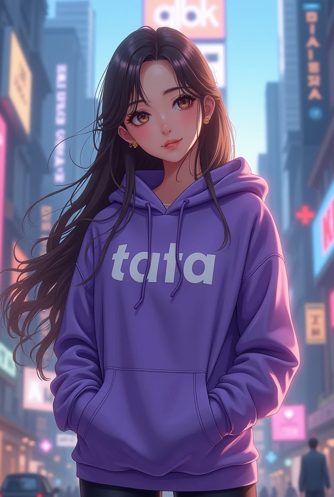 Create anime character;
{background: building capital HD text: “GLBK” in center-top, rooftop}, tanned skin,
realistic, HDR, beautiful, korean style, full body, age 20, hoodie HD text: “Tata”, female, brown hair, long hair, purple