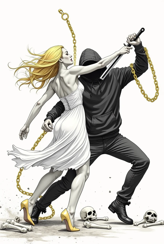 An image with line drawings of a blonde woman in a dress stabbing a man in a black sweatshirt in the back, gold chains and bones