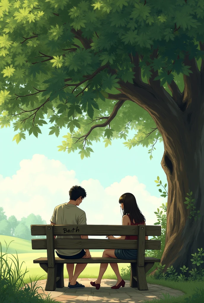 Prompt 1: A serene outdoor scene with a wooden bench under a large, leafy tree. A person sits down and writes the word "Baith," and then another person arrives and sits beside them, reflecting a peaceful moment shared.