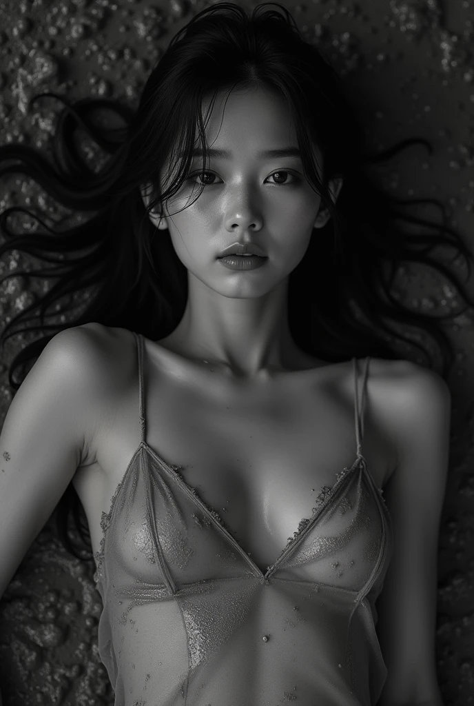 Asian Girl, Transparent dirty dress, She is lying on her back in the wet mud, dark, Her body is dirty, Mud on her face, Monochrome, Black and White Photography, Mud on her body, Low Light, Ultra-high resolution photos, eye contact, Sexy pose,