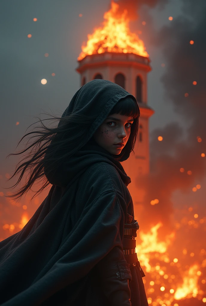 1 girl, black skin, black cloak with hood, dynamic lighting, dynamic angle, ((tower)), (burning tower), night, moon, fire everywhere, fire background, red eyes, soot on the face, dome of fire, tower on fire