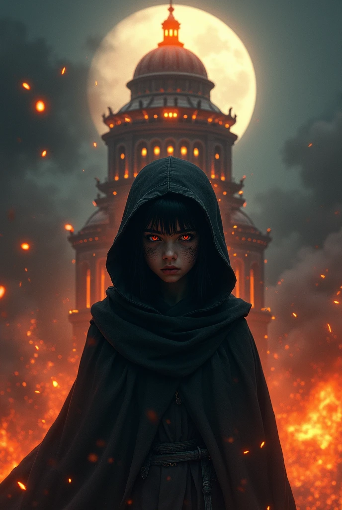 1 girl, black skin, black cloak with hood, dynamic lighting, dynamic angle, ((tower)), (burning tower), night, moon, fire everywhere, fire background, red eyes, soot on the face, dome of fire, tower on fire