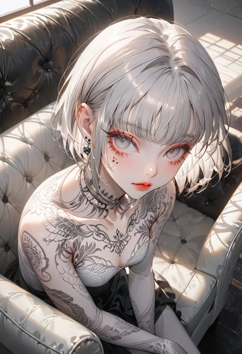 (Highest quality,Very detailed,High resolution:1.2),Slim albino girl,Gray-haired berry shorthair,gray bangs,very_Long eyelashes, Detailed lips, Cool look, Soft Skin, Shiny Hair,Exquisite makeup,Sitting on the couch,Neck tattoo,Shot from above