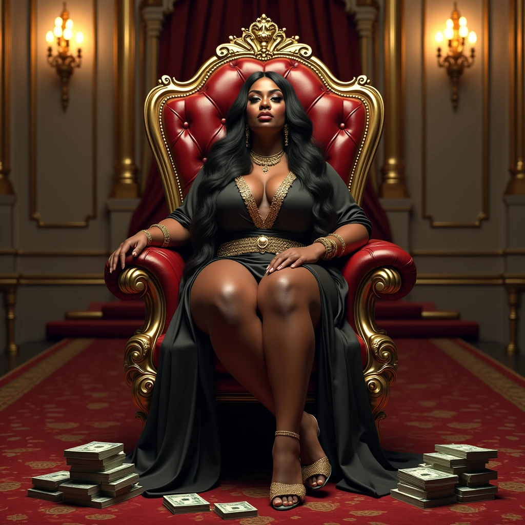 (photorealism:1.2), photorealist A plus-size, curvaceous BBW woman in her mid-30s with a dark-skinned, melanin-rich complexion sits regally on a grand throne chair inside a luxurious mansion. She exudes power, wealth, and authority, perfectly embodying a matriarch findom goddess persona. Dressed in a luxurious designer outfit—a form-fitting, elegant dress paired with high heels and adorned with gold jewelry— with long flowing hair she displays an aura of supreme confidence and control. At her feet, a white male kneels in submission, his head bowed low as he worships her, his hands holding large stacks of cash as offerings to her power. The room around her is opulent, featuring high ceilings, grand chandeliers, and lavish furnishings, with rich textures and gold accents that highlight the grandeur of her domain and the atmosphere of wealth and dominance.