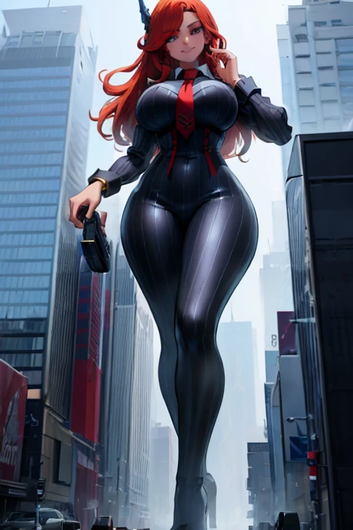 (photorealism:1.2), giant, giant art, giantess, Have a pair of ultra long legs,  heels much lstger than a skyscraper , huge breasts, curvy,  grey pinstriped suit，white tailored shirt, massive red tie, Has ginger waist-length hair，Wearing a pair of platform heels, leaning over tie hanging down, massive tie larger than a skyscraper, A look of enjoyment, Beautiful appearance，very small metropolis, Trying to destroy a miniature metropolis, Full body depiction, nffsw, Giga Giant, Exquisite makeup，quality, Cinema lighting，film grain，8k，textured skin，Super details，high detail，high quality，high resolution, smile