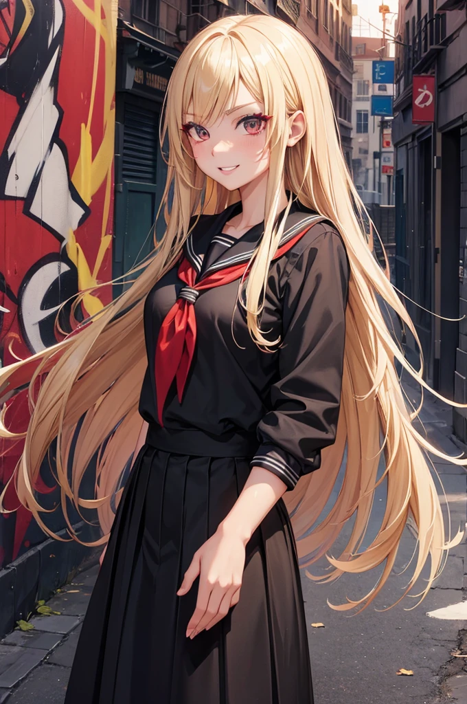 anime girl portrait, 1girl, black school uniform, long blonde hair, tanned, long skirt, fierce expression, smiling, makeup,, full lips, red neckerchief, muscular, detailed face, intricate details, natural lightning, graffiti, city background, day