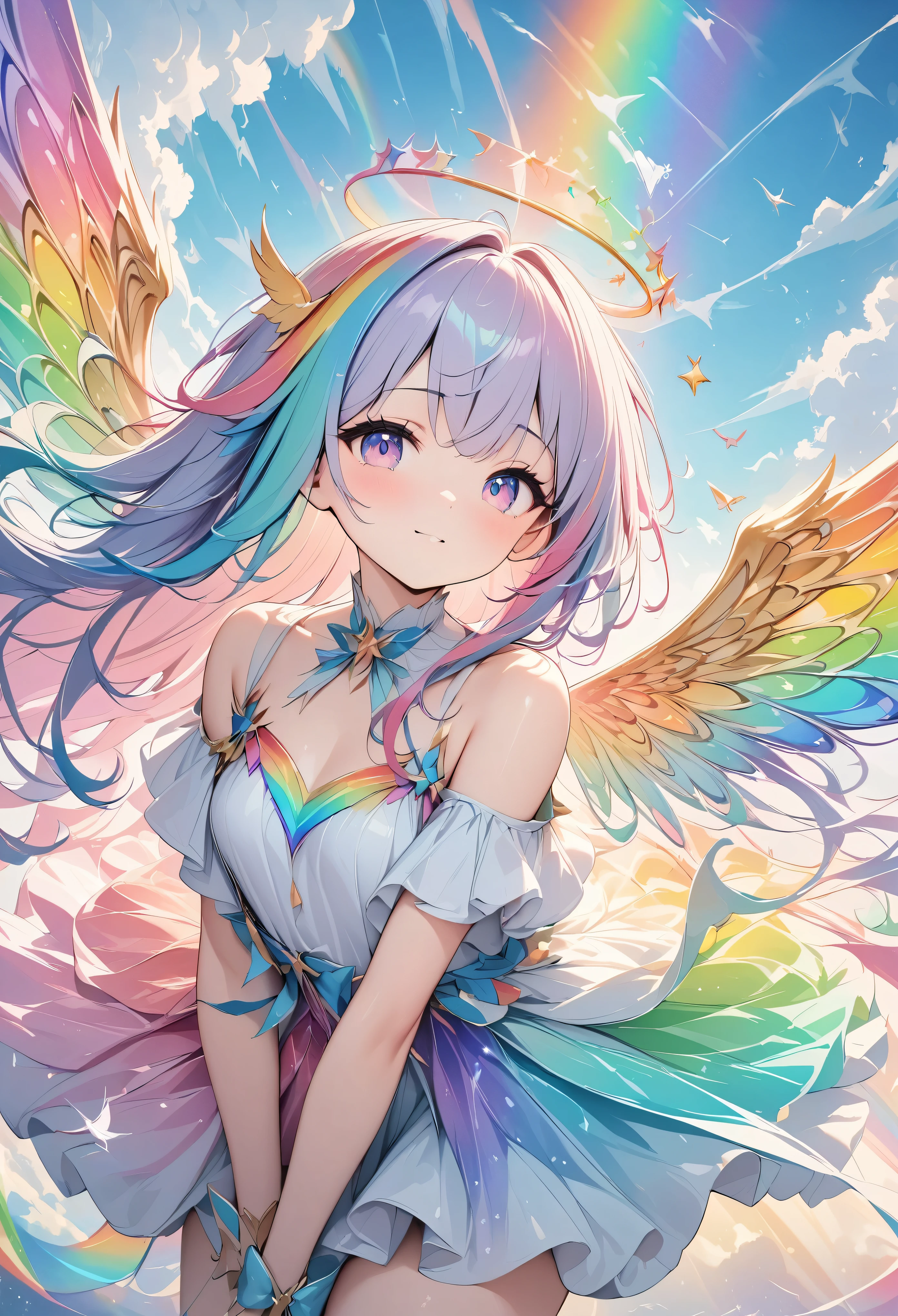 Light, ((absurd and unreasonable)), 超high resolution, Attention to detail, high quality, high resolution, Top quality, 4K, 8K, artwork, marvelous, rainbow, rainbow hair, Long hair, rainbow天使, spreading wings, ((rainbow翅膀扑腾)), Beautiful Angel, cute angel