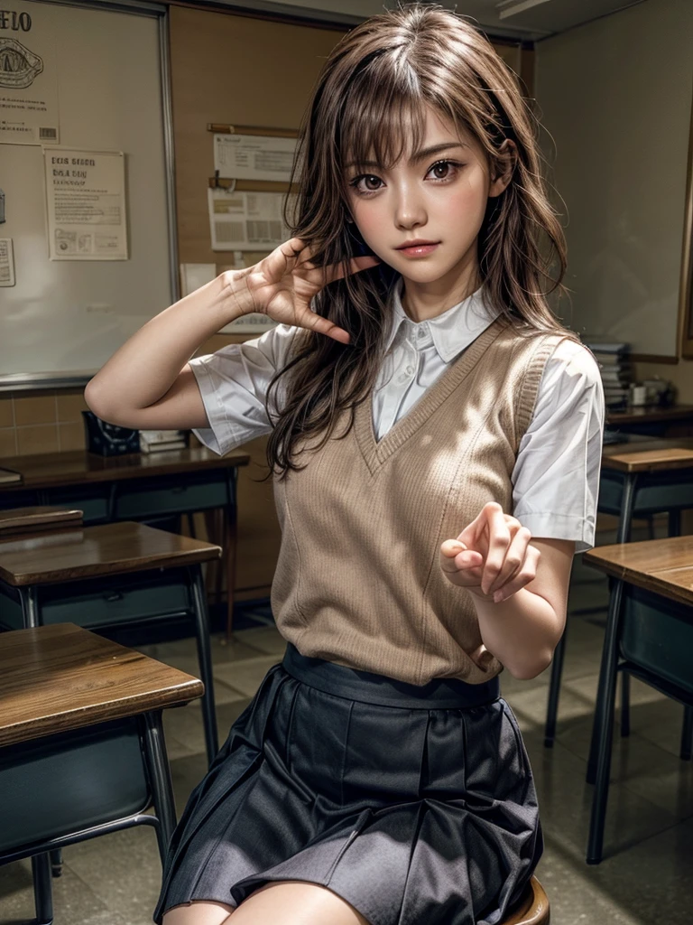 Masterpiece, Top Quality, Top Mikoto, brown eyes, short hair, small breasts, looking at viewer, alone, closed mouth, collared shirt, beige knit vest, dark blue  Skirt, school_uniform, shirt, white_shirt, classroom,Masterpiece, highest quality, 8K, detailed skin texture, fine cloth texture, beautiful detailed face, intricate details, super detailed,cute,cute posing,composition that shows the whole body, brown hair, short bob,Pointing a finger like a gun, aiming straight ahead, gun hand sign
