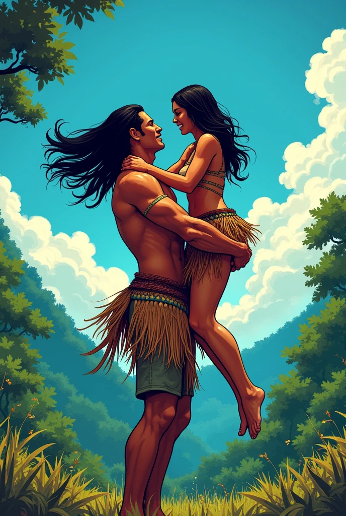 An indigenous man without upper garments with long straight hair lifting his indigenous wife high with his arms, in the background of the image there are forests and the blue sky, comic book style, the scene contains vibrant and quite striking colors.