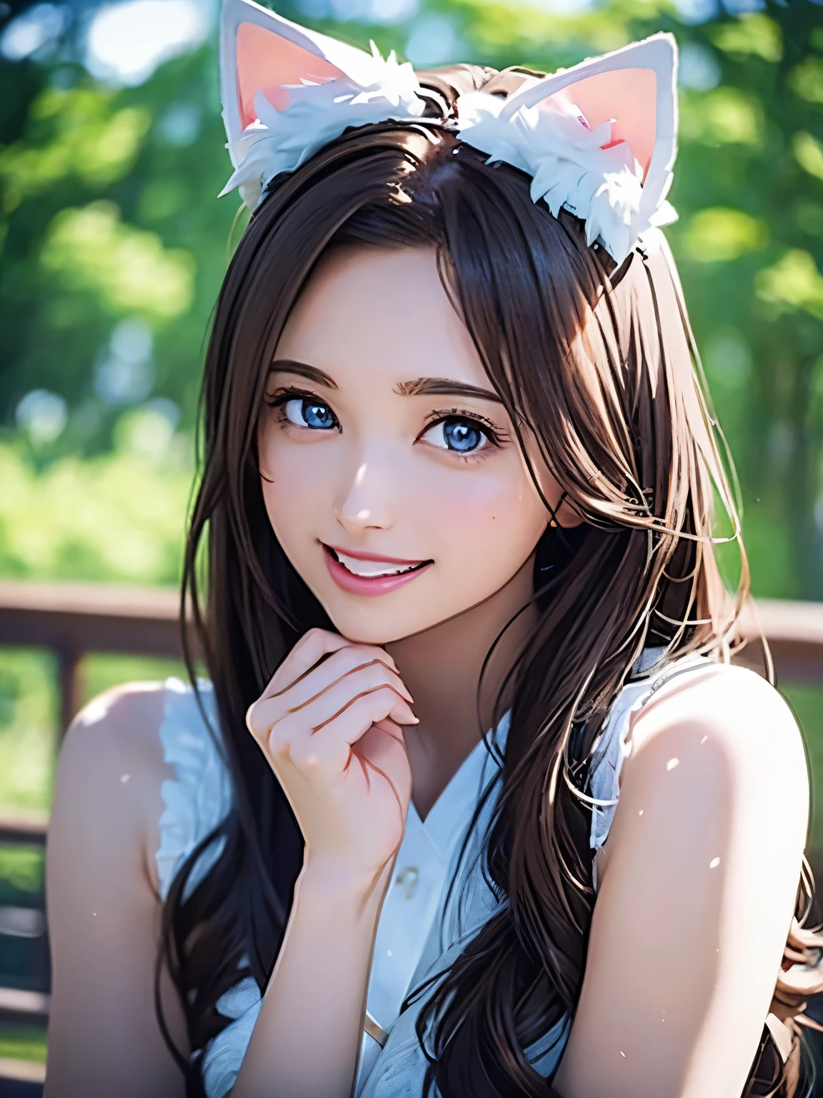 High resolution, 8k, Highest quality, detailed, Semi-realistic anime, Anime 3D Style, Smooth anime CG, One Girl, 30-year-old woman in Japan, slim, Modeled, Shiny brown hair, detailedな顔, Beautiful and detailed, Glowing Skin, Hard Focus、Film Grain, Soft lighting, Looking at the audience, Laughter, A shy idol wearing white cat ears