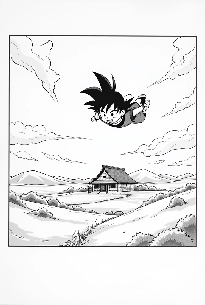 Goku as a  flying to Master Kame&#39;s house to tell what he saw in the style of comics Dragou Ball manga in black and white