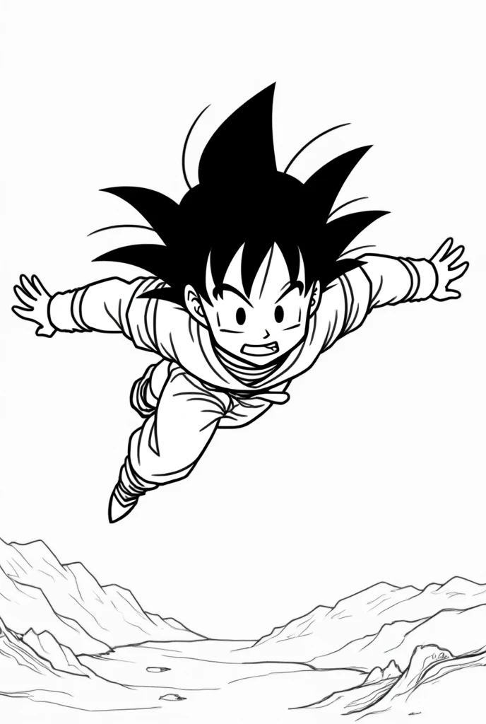 Goku as a child flying to Master Kame's house to tell what he saw in the style of comics Dragou Ball manga in black and white