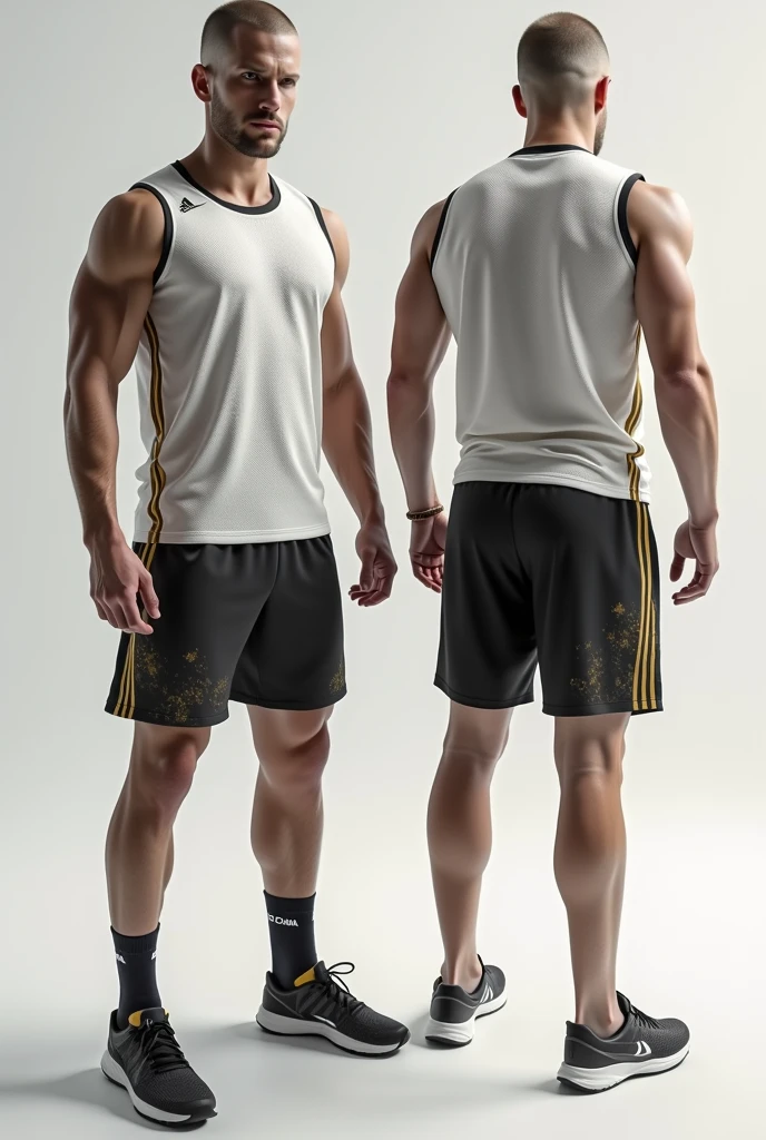 Keep the base colour as white and give it black and gold smokey highlights aesthetic or minimalist. But keep it mind that it is a jersey print. Show both front and back of the jersey