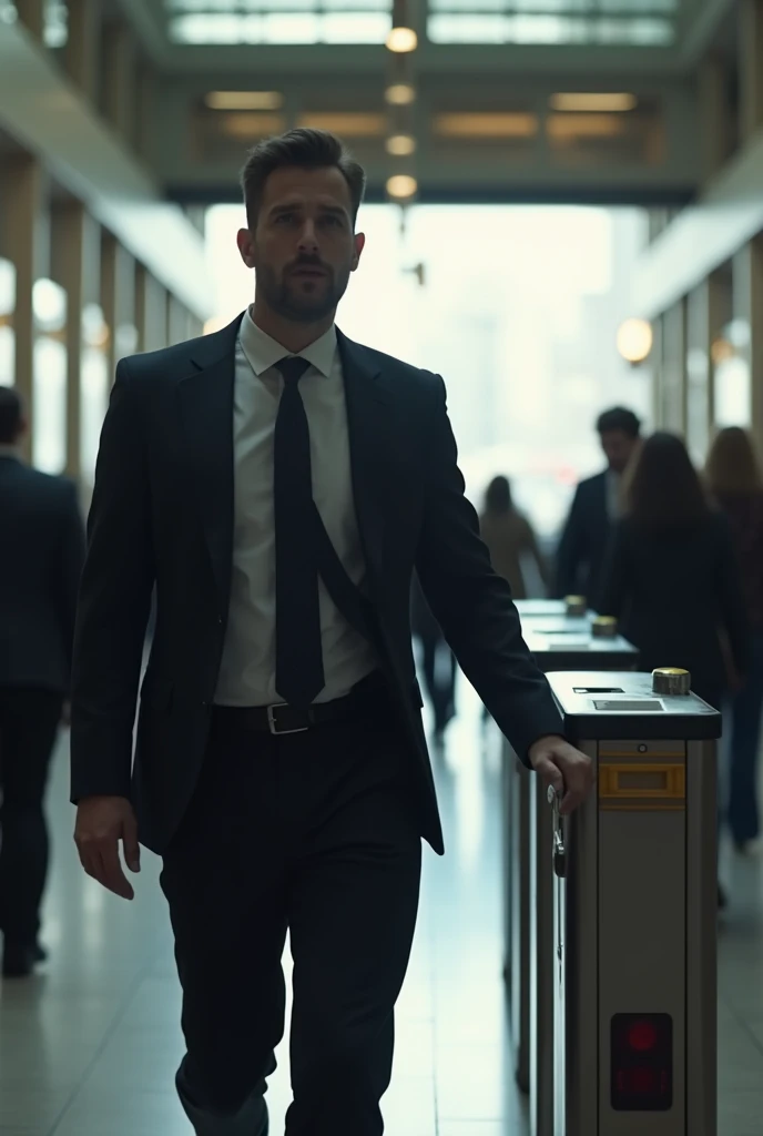 create a realistic video of a man walking towards a closed turnstile.