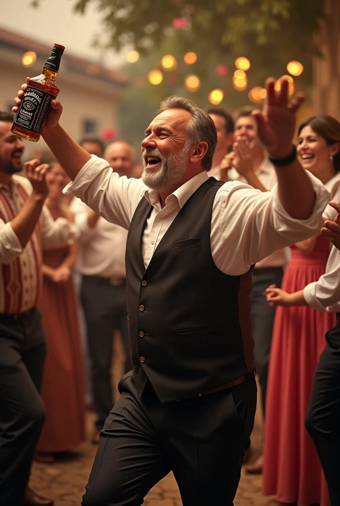 balkan man on a weeding dancing with bottle of jack daniels in his hand