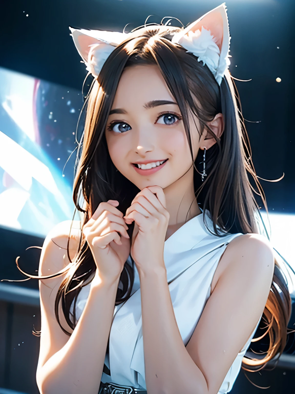 High resolution, 8k, Highest quality, detailed, Semi-realistic anime, Anime 3D Style, Smooth anime CG, One Girl, 30-year-old woman in Japan, slim, Modeled, Shiny brown hair, detailedな顔, Beautiful and detailed, Glowing Skin, Hard Focus、Film Grain, Soft lighting, Looking at the audience, Laughter, A shy idol wearing white cat ears