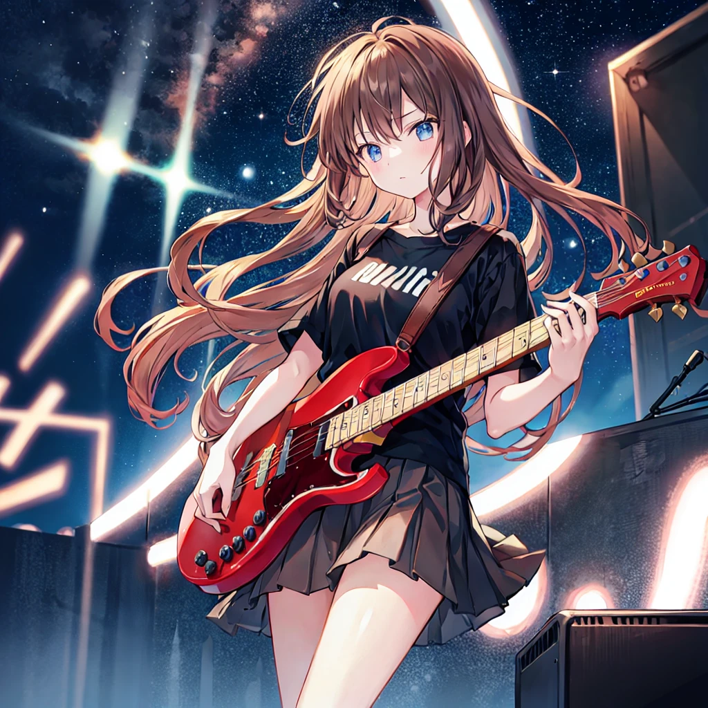Brown Hair,Shortcuts,Messy Hair,Slender beauty,A dignified posture,,Beautiful feet,Her captivating grey-blue eyes shine like stars,,Highest quality、masterpiece、Anime Girls、Brass band club、base、bassist、Serious face、Upper Body,Plain black and red t-shirt、Tight Skirt,The bright lights of a live music venue、Band members can be seen