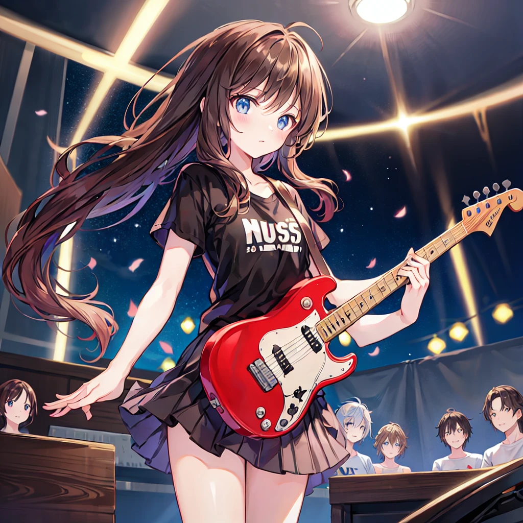 Brown Hair，Shortcuts，Messy Hair，Slender beauty，A dignified posture，，Beautiful feet，Her captivating grey-blue eyes shine like stars，，Highest quality、masterpiece、Anime Girls、Brass band club、base、bassist、Serious face、Upper Body，Plain black and red t-shirt、Tight Skirt，The bright lights of a live music venue、Band members can be seen