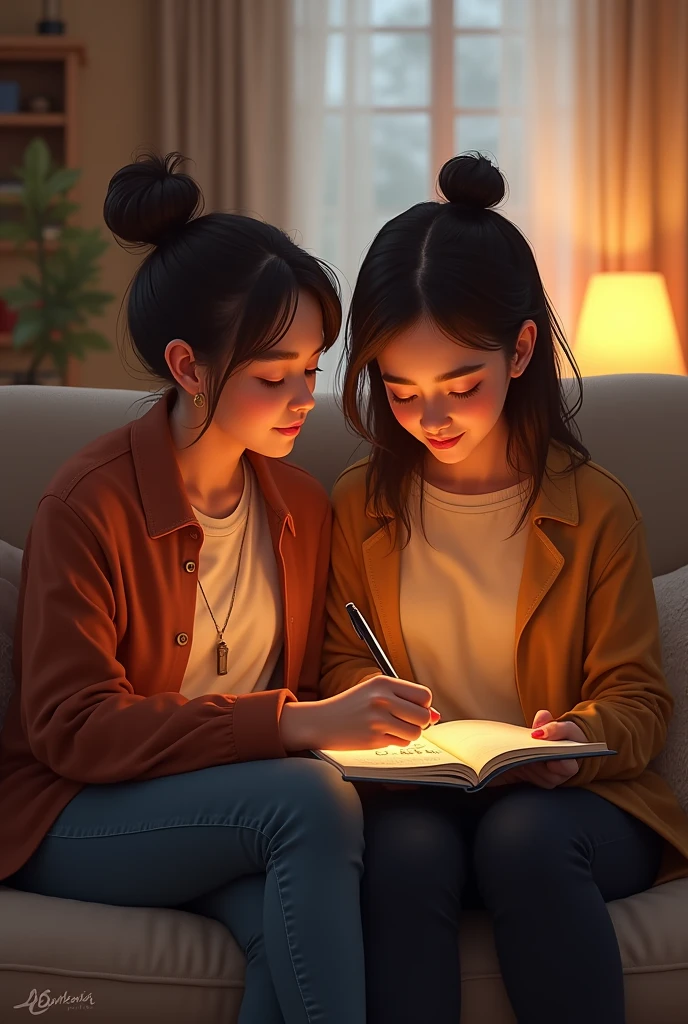 Prompt 2: In a cozy room, one person sits on a sofa with a notebook, writing the word "Baith." Immediately, another person enters the room and sits next to them, both smiling at each other.