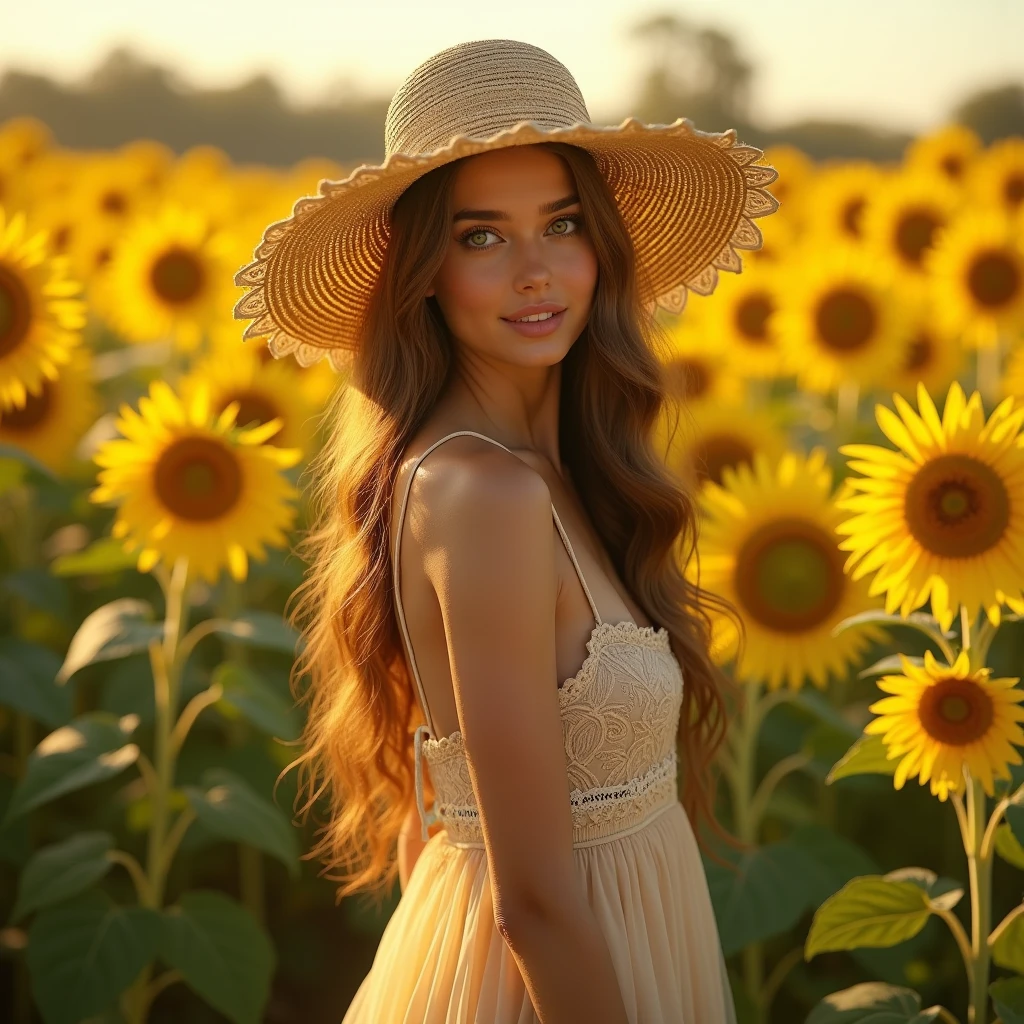(photorealism:1.2), (full body shot) Beautiful, stunning, gorgeous, stunning woman, brown hair, green eyes, slender legs, soft features, muse, goddess, realistic skin, extremely detailed full body shot of a strikingly stunning woman, long summer dress, stylish wide straw sun hat, sunflower field photoshoot