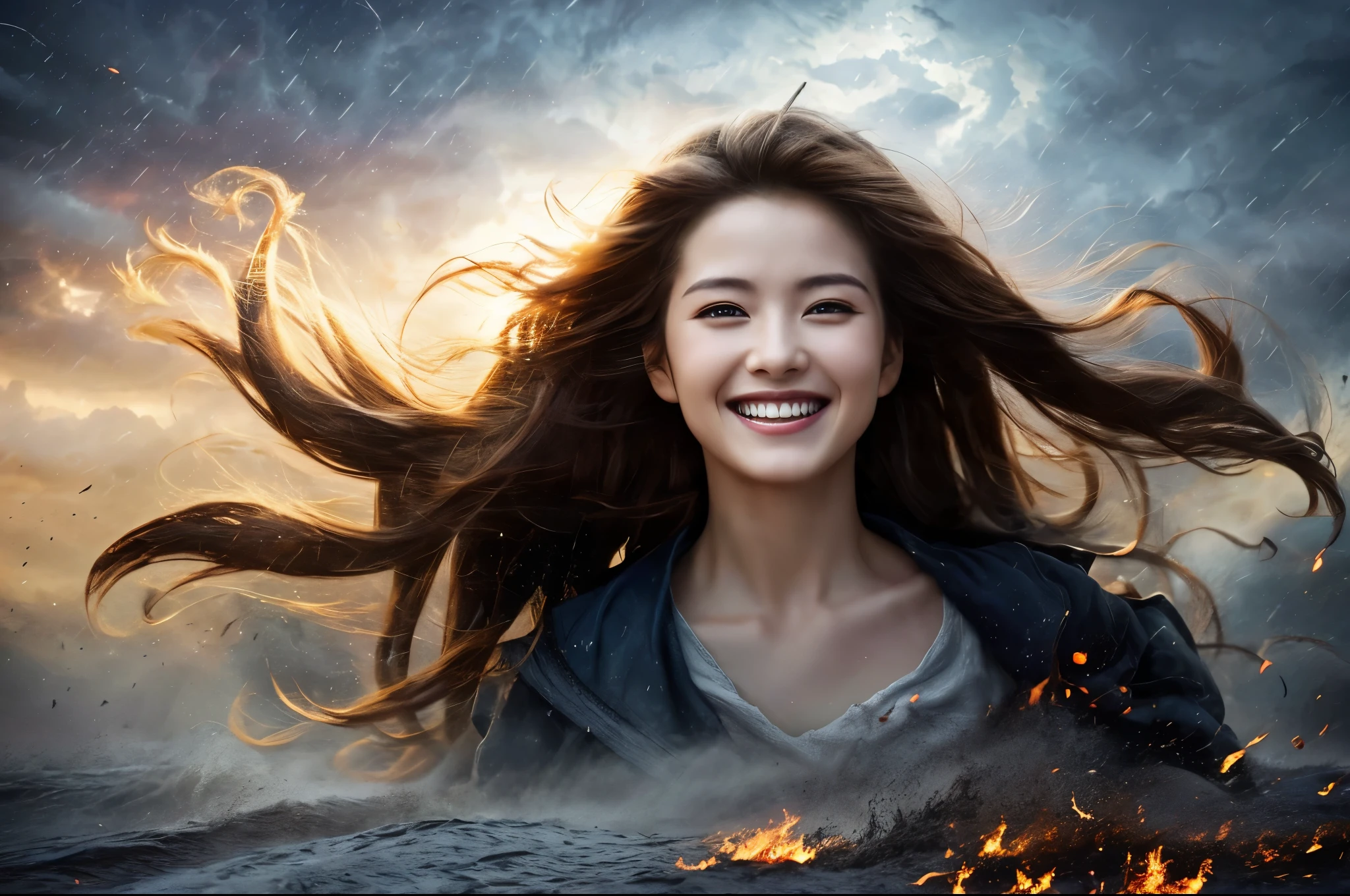 Highest quality masterpiece detailed Beautiful woman keeps smiling even after being blown away by tornado Photo style Dramatic Production Fantasy Fantasy