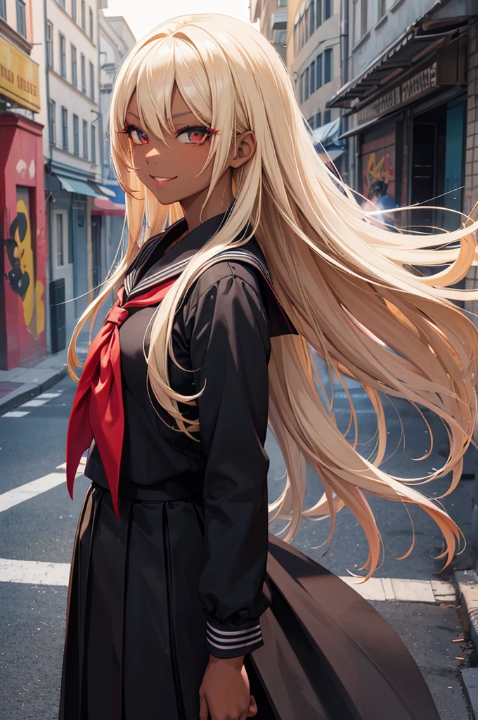 anime girl portrait, 1girl, black school uniform, long blonde hair, dark skin, long skirt, fierce expression, smiling, makeup,, full lips, red neckerchief, muscular, detailed face, intricate details, natural lightning, graffiti, city background, day
