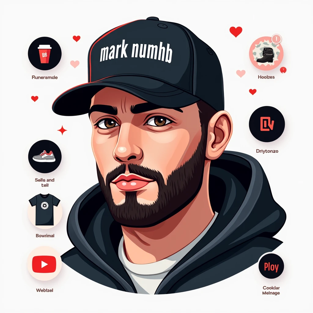 Create a social media profile photo for A young man with a beard and black basketball hat with the logo "Mark Numhb " with Facebook icon,Twitter icon ,Instagram icon ,twitter icon and tiktok icon where the person completes the design and puts them Vectors, Vector T-shirts, Vector Cups, Vector Caps and Vector Hoodies Sell online